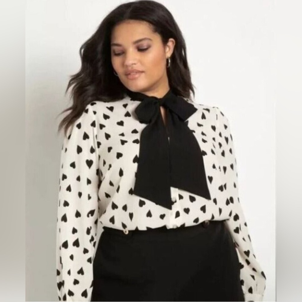 Eloquii Heart Print Bow Neck Blouse